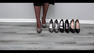 Trying on Different High Heels While Wearing Nylon Stockings