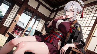 Silver-Haired Samurai's Private Dojo! Red & Black Kimono slightly open, dual swords in hand yet undeniably seductive.