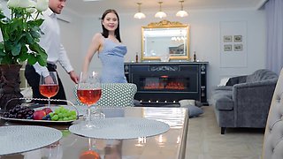 Hot brunette gives in after the first day and fucks him