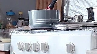 Sexy Naked Wife Preparing Food in the Kitchen. Hairy Brunette, Big Ass, Big Tits.