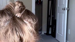 Blonde cumshot amateur MILF POV jerking in the kitchen