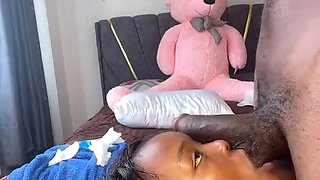 Sexy ebony girl asks her boyfriend to lick her pussy and then fists it, moaning in pleasure