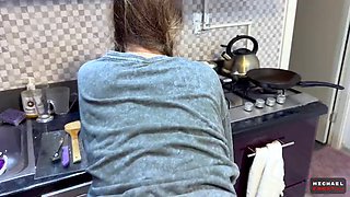 The flatmate-girl doesnt mind periodic fucking in the kitchen and gets cum in her mouth and on her pigtails