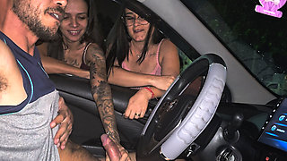 Two Hot Girls Caught Him Masturbating Inside the Car and Helped Him Cum