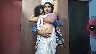 Vaishnavy and Sharun Raj intense saree love part 2, Neck smooch affection with passionate kissing and breast squeeze, Mallu pair steamy breasts fondling