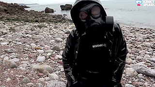 Gas Mask Goddess - Rubber Wetsuit & Pvc Mac Beach Tease