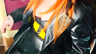 The Gothic Cutie Tina Snua Dressed In a Leather Coat & Smoking A Cork 100 Cigarette - Ginger Miss Smokes In A Leather Outfit OME