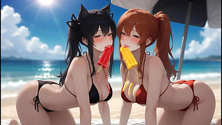 AI Gothic Beauty Meets Redhead Beauty - Beach Crossover (Eating Ice Pops)