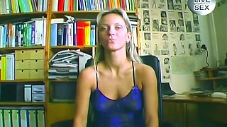 Blonde Fingers Herself Then Rides Glass Dildo