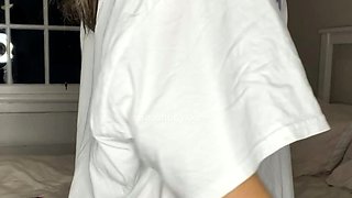 Busty curly brunette with big boobs fucks on couch