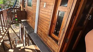 Bekycarril Gives a Hot Blowjob on the Beach Terrace - Cum Swallowing & Outdoor Fun