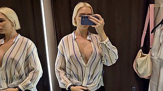 Busty platinum-blonde Mycandyalice tries on sexy sheer outfits in the dressing room