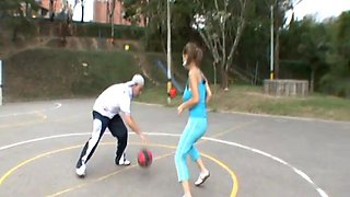 Bosomy cute petite 18yo plays on the court