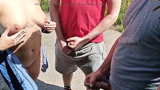 In the parking lot, two strangers masturbate and cum on their tits, handjob in public