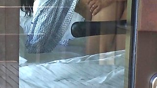 Caught neighbors having sex through open window, blowjob, cowgirl, doggy style with cumshot on the ass