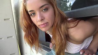 Skinny Averi gets pounded in a tiny car with her big breasts bouncing