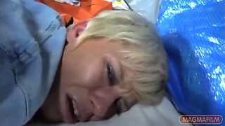 Short Haired Blonde Chick Gets Man Handled In The Cellar And Fucked In The Ass