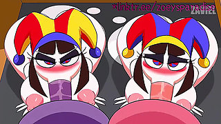 Two mischievous clowns are having fun after the show
