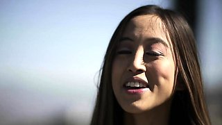 Small titted brunette teen fingering on the bed