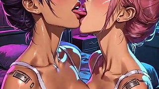 Cyberpunk Lesbians Tongue and Kiss Fetish, Ai Animation