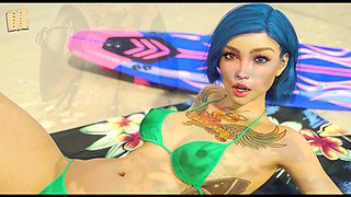 Blue-haired hottie in a swimsuit flaunts her huge tits and curvy ass