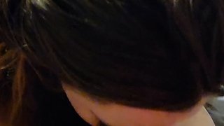 Brunette with foot fetish rubs big dick with her feet in POV