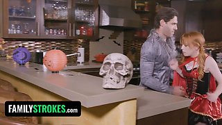 Step-dad & stepdaughter are fat bad wolf & little red riding rubber hood for halloween & step-mom is envious