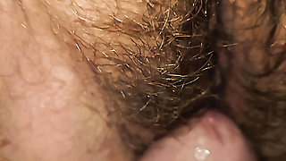 The bull makes the beautiful hairy pussy piss between his fingers and fucks her deeply