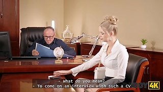 Daddy4k. naughty blondie is flashing her fat porn experience at the job audition