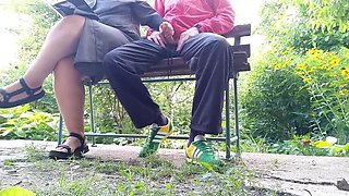 MILF Stepmom Jerks Off Step Son's Hard Cock Until He Cums Outdoor