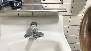 Young student is fucked in her mouth and in a sweet pussy in a public toilet.