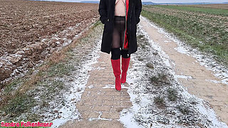 Amateur MILF Sandra Falkenhauer Outdoor Fingering Orgasm in Car - Petite Tits & Black Pantyhose