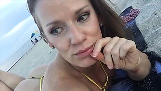 Jillian Weathers in Gold Bikini at Beach