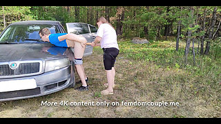 Public the Wife Was Very Excited on the Road and Fucked the Strapon on the Hood of the Car