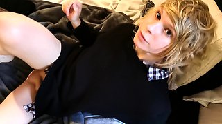 Big tit shemale jerks her long cock
