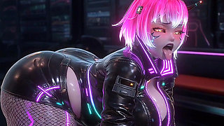 Futuristic Pink Hair Android Girl Moaning & Squeezing Glowing Tits