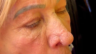 Tattooed 81 Year Old Granny Outdoor Behind the Car Fucked